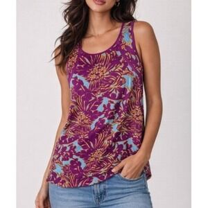 Cabi Palm Grass Tunic Tank Top Womens M Purple Floral Tropical Sleeveless Tunic